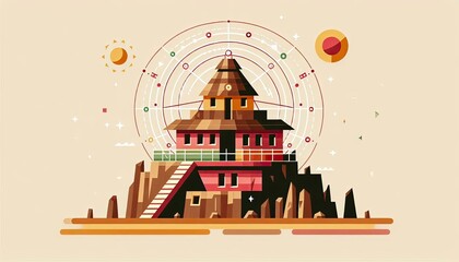 Fototapeta premium Abstract geometric illustration of a cliff dwelling with cosmic alignment