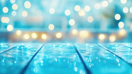 A glossy blue surface with reflections of blurred bokeh lights in yellow and white, creating a...