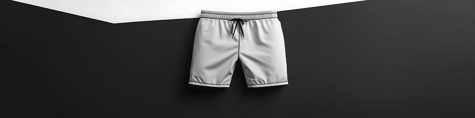 Sleek mena??s swim shorts mockup in grey tones on a minimalist black-and-white background