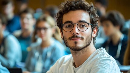 Fototapeta premium Confident medical student attending a busy lecture at university