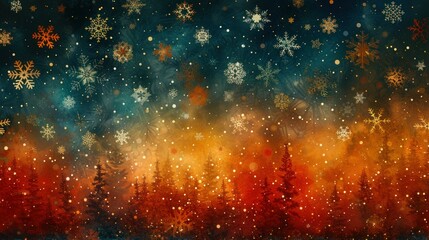 Fototapeta premium Whirling snowflakes dance under a sparkling winter sky at twilight's embrace in a forest. Generative AI