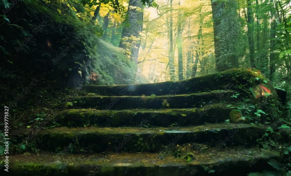 Poster serene forest path sunlight filtering through trees in natures greenery