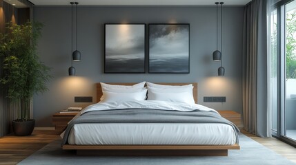 Contemporary gray bedroom with soft bedding, warm pendant lighting, indoor greenery, framed wall art, minimalist decor, modern interior, tranquil retreat, stylish design