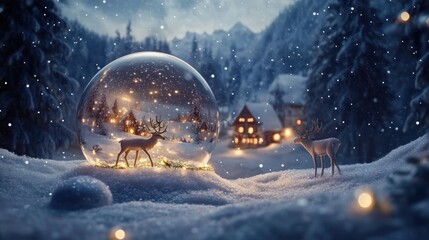Naklejka premium A serene winter scene featuring a snow globe with a reindeer, surrounded by snowy landscapes.