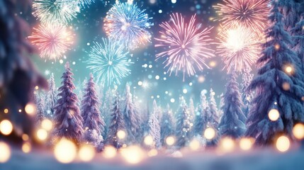 Fototapeta premium A magical forest scene illuminated by colorful floating lights and sparkling snowflakes, evoking wonder and fairy-tale charm.