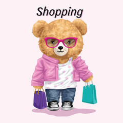 Stylish Teddy Bear Holding Shopping Bags with "Shopping" Text