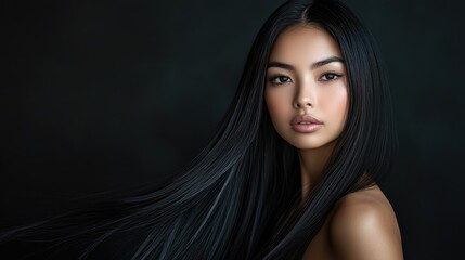 Fototapeta premium A captivating woman with long straight black hair poses elegantly against a dark backdrop highlighting her stunning beauty and charm