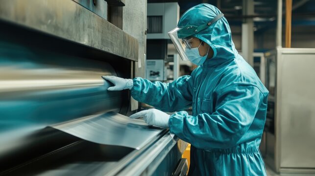 Asian technician in safety suit operating a hydraulic press brake machine and preparing sheet metal for shearing in an industrial factory emphasizing safety precautions