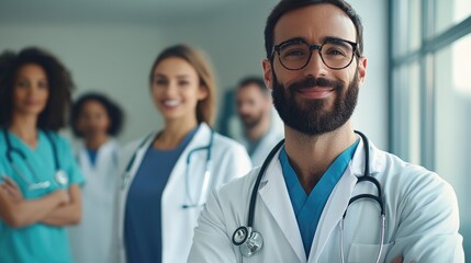 Fototapeta premium Medical team with doctor prominently featured in the foreground