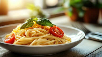 A Delicious Plate of Spaghetti Aglio e Olio with Cherry Tomatoes and Basil
