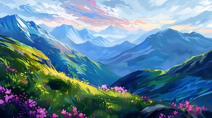 A vibrant digital landscape showcasing mountains, meadows, and flowers under a colorful sky at sunset.