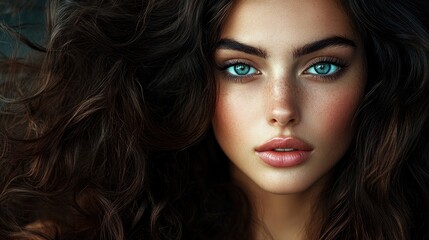 Fototapeta premium Portrait of a stunning young woman with long curly brunette hair