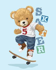 Playful Teddy Bear Skateboarding with Fun Blocks on Blue Background