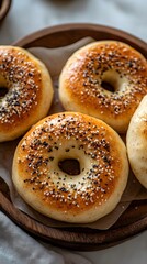 Freshly baked sesame bagels on a wooden plate, golden and inviting.