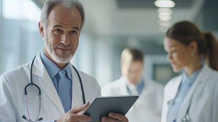 Fototapeta premium Senior male physician using a tablet while engaging in discussion with a fellow healthcare professional Medical staff collaboration in a healthcare setting