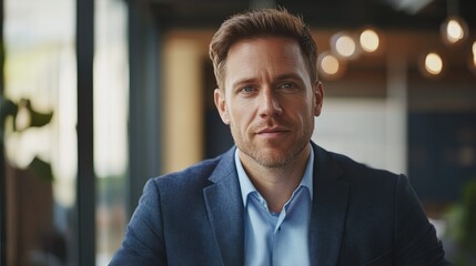 Obraz premium Confident businessman addressing the camera discussing company strategy and business plan and sharing insights on corporate success