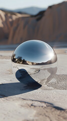 Polished Metallic Sphere Reflecting Surroundings in Minimalistic Setting, Highlighting Modern Elegance and Geometric Perfection