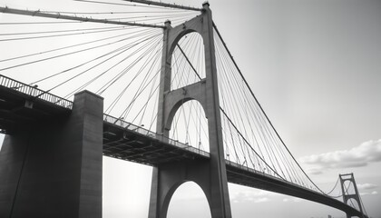 Obraz premium Monochrome view of suspension bridge. Artistic perspective highlights intricate bridge cables, structure. Impressive design, engineering. Light, shadow interplay creates strong contrast. Ideal for