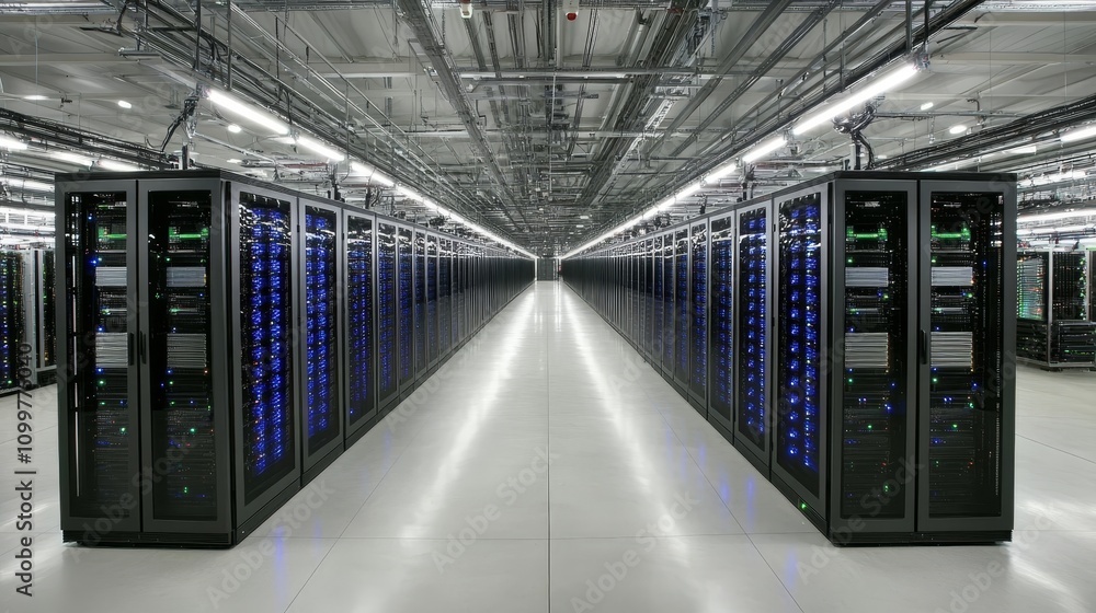 Poster data center server room rows of servers network technology it infrastructure