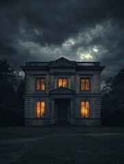 Obraz premium Sinister Abandoned Mansion: Eerie Scene of Dark and Obscure Interior under Ominous Sky