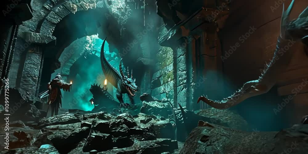 Poster cunning rogue sneaking through a labyrinthine dungeon, evading traps and encountering grotesque mons