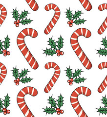 Seamless Christmas pattern with holly sprigs and candy cane. Ideal for holiday wrapping paper, textiles.