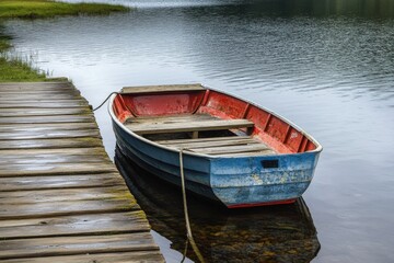 Obraz premium Small Motor Boat Anchored at Replot Pier with Rope. Travel and Adventure on Water