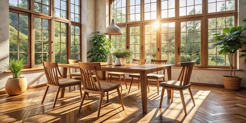Obraz premium Elegant Wooden Table and Chairs in a Sunlit Room with Expansive Window, Perfect for Product Photography Showcasing Natural Light and Cozy Interiors