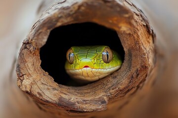 Fototapeta premium Snake Hiding. Venomous Baby Bush Viper Concealed in Hollow Log