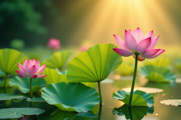 Obraz premium A beautiful pink lotus flower blooming in a serene pond surrounded by lush green leaves