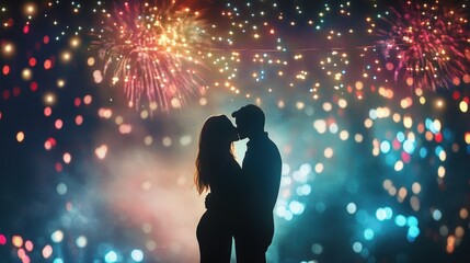 Silhouette Couple Kissing Fireworks Background