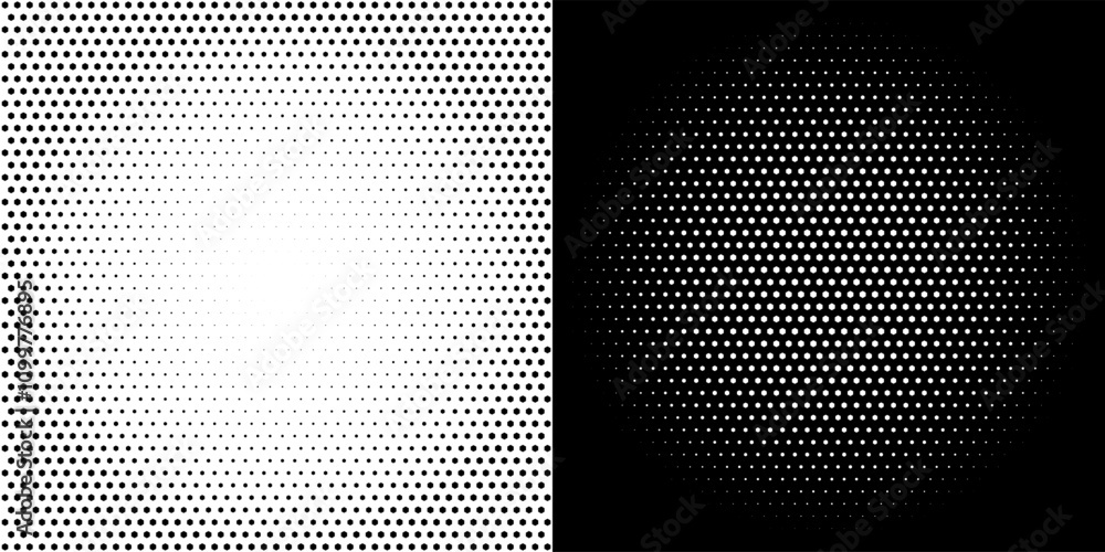 Poster halftone dots background. halftone effect vector pattern. dots on black and white background.