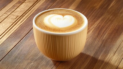 A Frothy Cappuccino in a Ceramic Cup on a Wooden Table with a Cozy,Relaxing Cafe Atmosphere