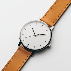 Elegant Minimalist Watch with Brown Leather Strap on White Background