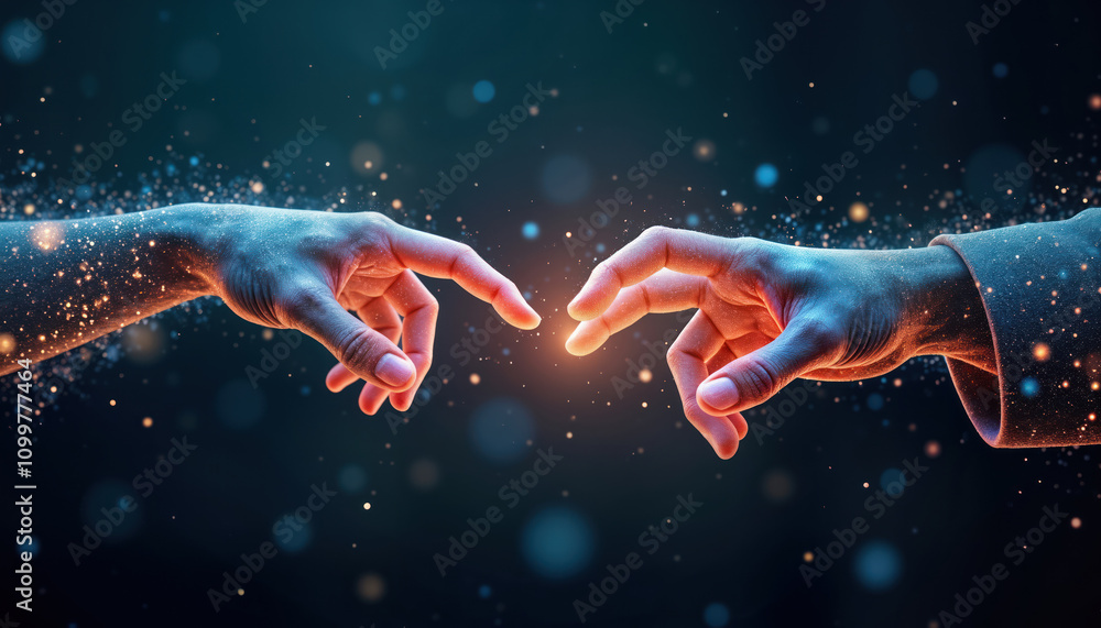 Fototapete Two human hands reach towards in virtual space. Digital data points, light streams surround. Interaction represents connection, connectivity in modern tech world. Suggests futuristic tech,