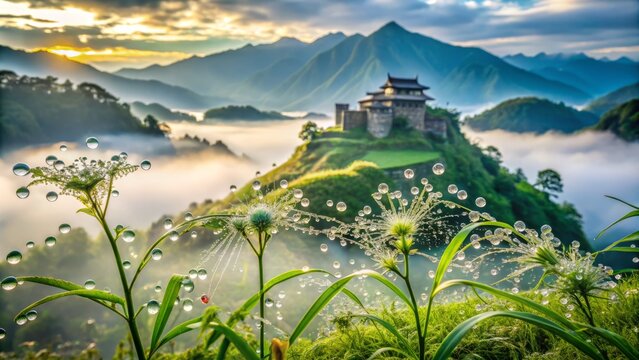 Enchanting Morning Mist Over Asago City and Takeda Castle Ruins: A Captivating Macro Photography Perspective of Nature's Serenity and Historical Beauty
