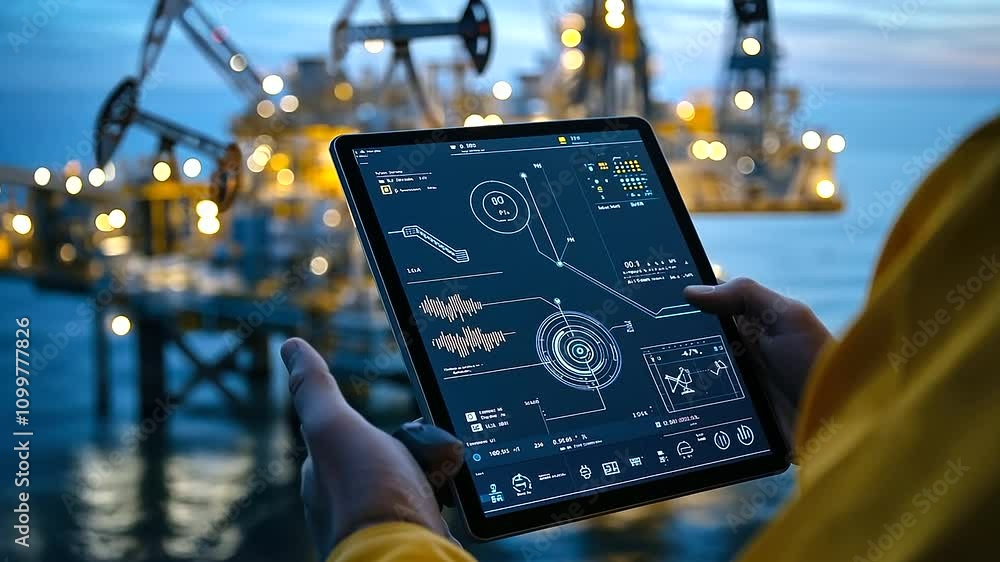 Poster a tablet held by an operator shows a detailed, interactive rig control interface with flow rates and