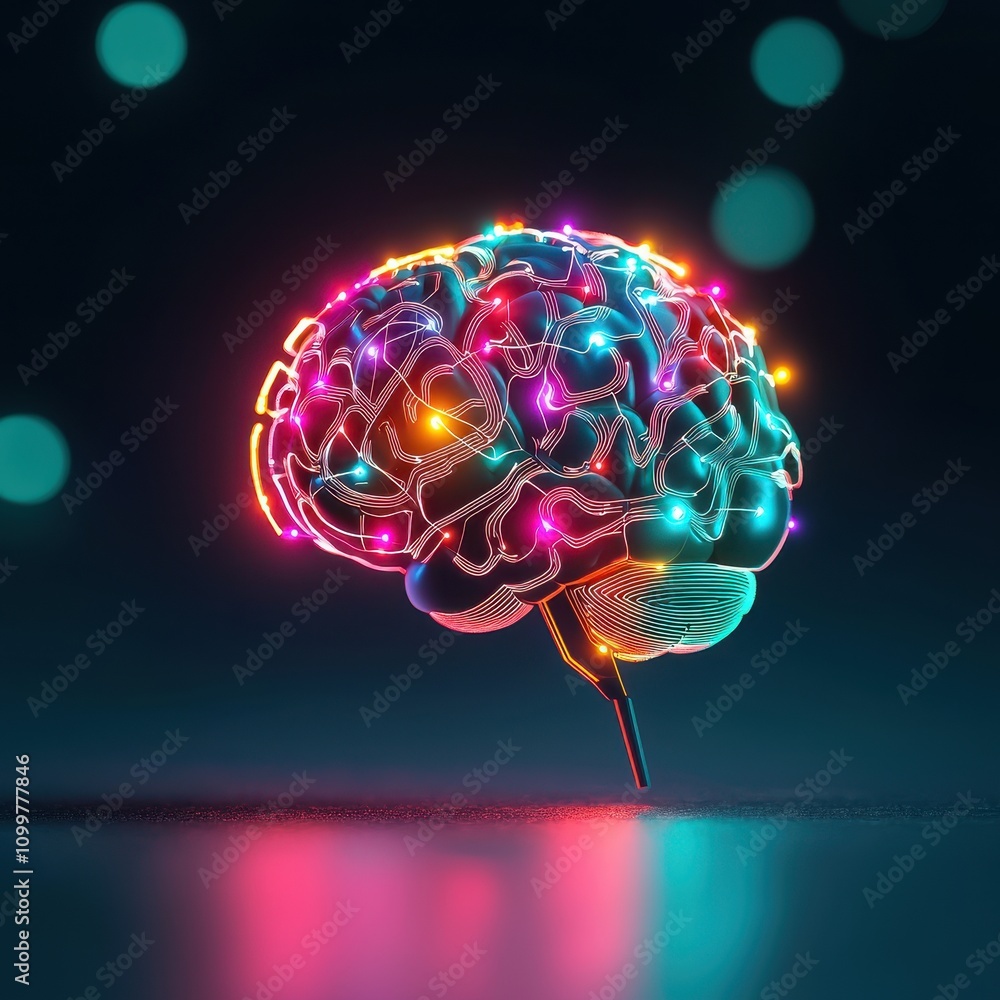Poster concept of brain-computer interface using neurotechnology. a vibrant, illuminated brain sculpture, s