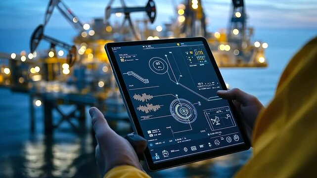 A tablet held by an operator shows a detailed, interactive rig control interface with flow rates and pressure data as the operator manages the distant oil rig remotely.