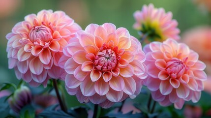 Fototapeta premium Delicate pink dahlia blooms in a vibrant garden during the golden hours of early summer. Generative AI