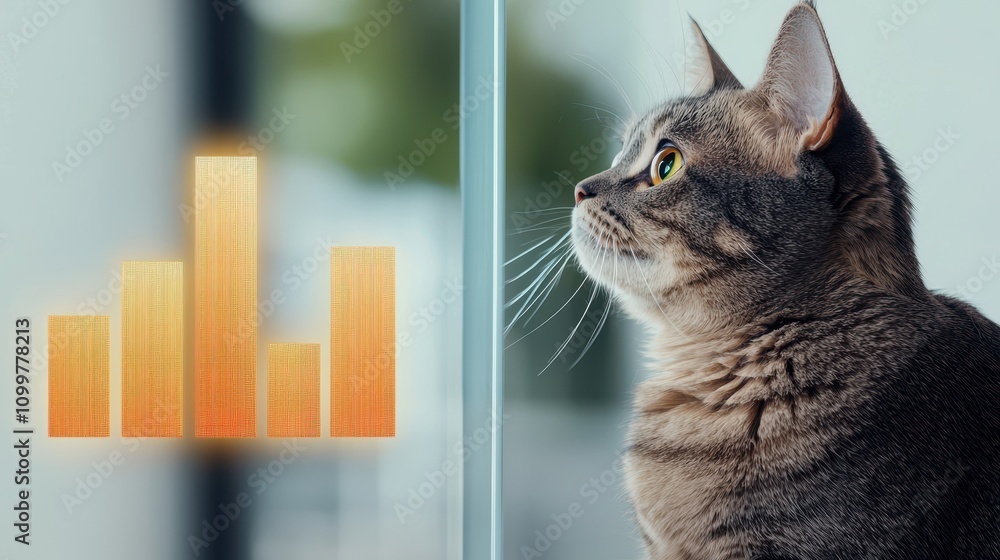 Poster cats in the stock market concept. a cat gazes out of a window, with a graph overlay, symbolizing cur