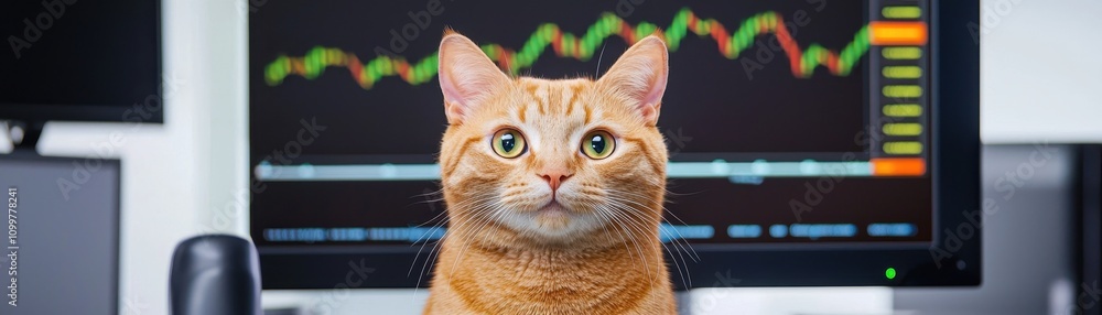 Poster cats in the stock market concept. a curious orange cat sits in front of a computer screen displaying