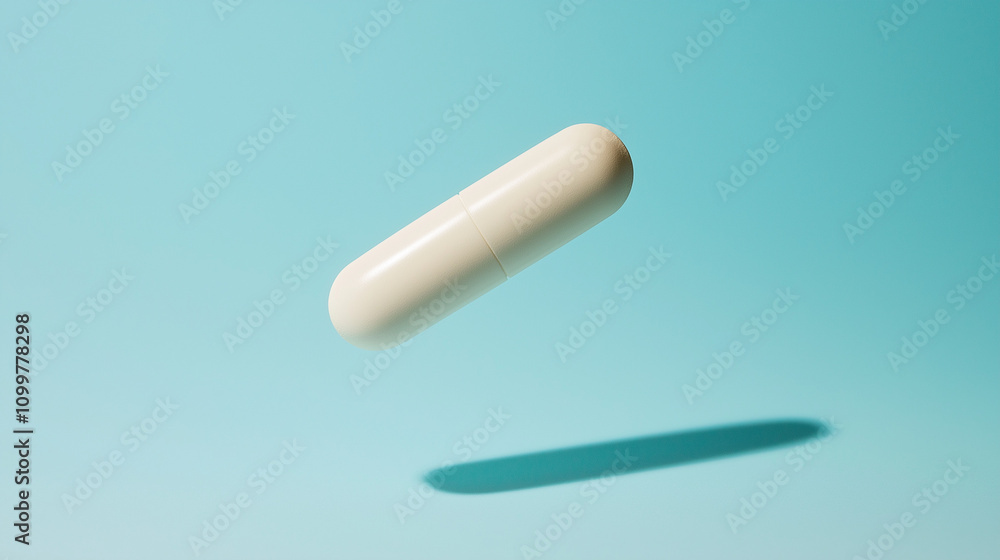 Aufkleber floating capsule with a smooth white surface against a blue background creating a minimalist visual 