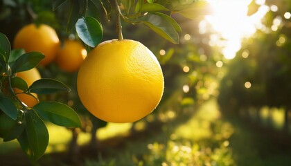 mature yellow grapefruit suspended from a branch in a lively citrus grove