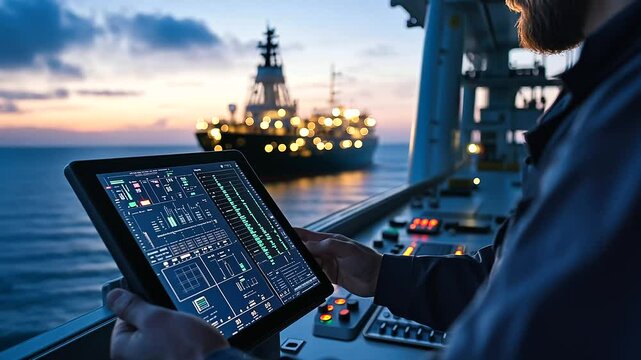 A tablet displays oil rig operational data held by an operator in a control room with windows overlooking the rig, underscoring digital monitoring in action.
