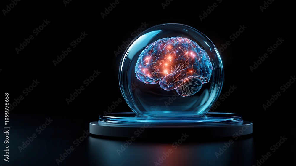 Poster concept of brain-computer interface using neurotechnology. a luminous brain encased in a glass dome,