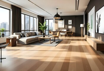 Fototapeta premium A modern and spacious open-concept living room and dining area with hardwood floors, large windows, and a mix of contemporary.