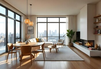 Fototapeta premium A modern and spacious open-concept living room and dining area with hardwood floors, large windows, and a mix of contemporary.