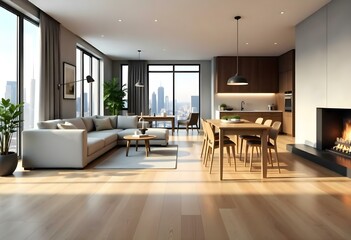 Fototapeta premium A modern and spacious open-concept living room and dining area with hardwood floors, large windows, and a mix of contemporary.