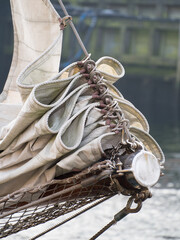 A folded sail of an old sailing ship in Nyhavn, Copenhagen, Denmark